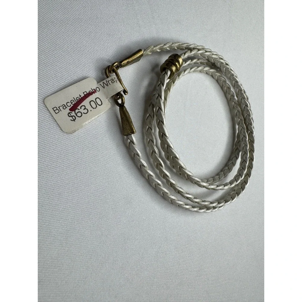 Boho Braided Wrap Bracelet Ivory White Cord Antique Brass Hardware Multi Strand